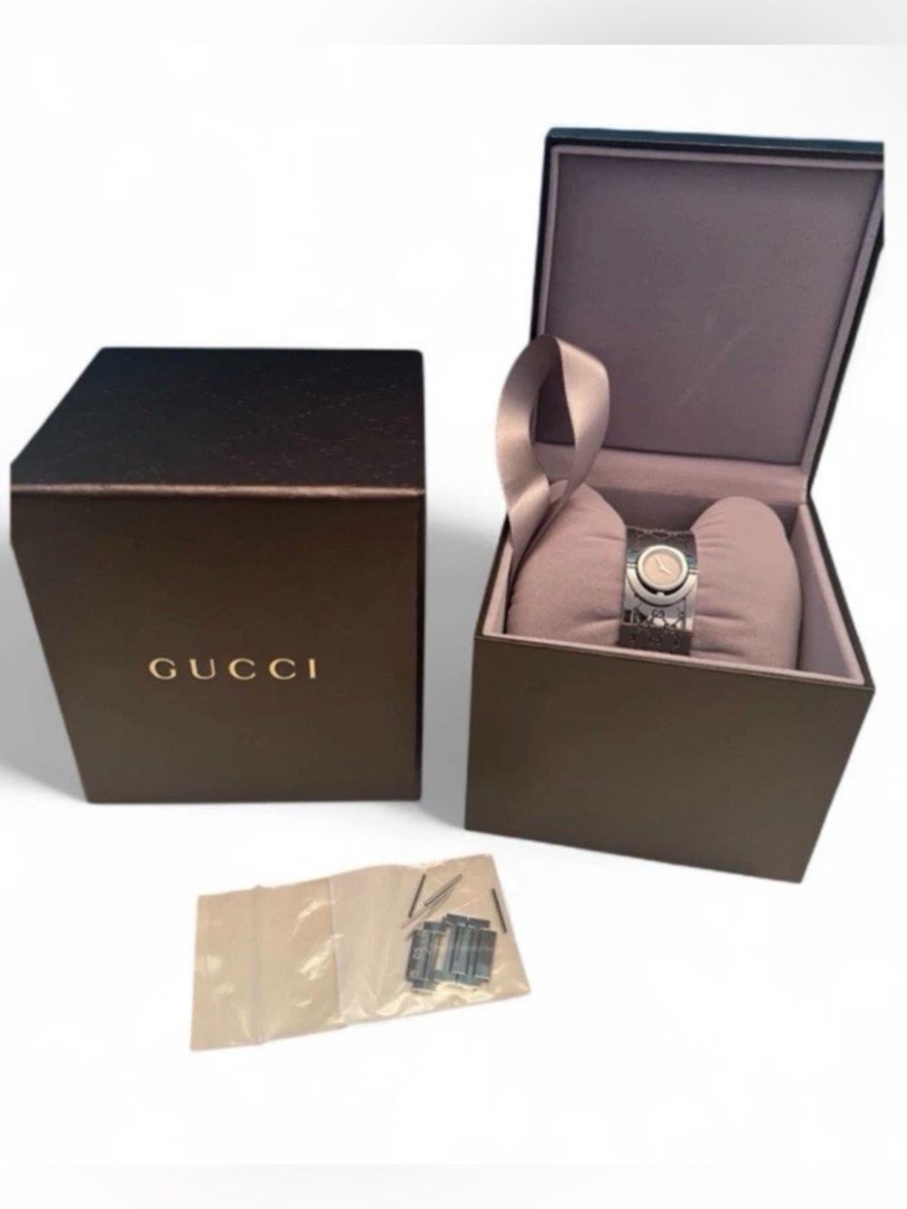 GUCCI Bronze Dial Twirl 112 Stainless Steel Lady' 23mm Quartz Cuff Watch Size 7"